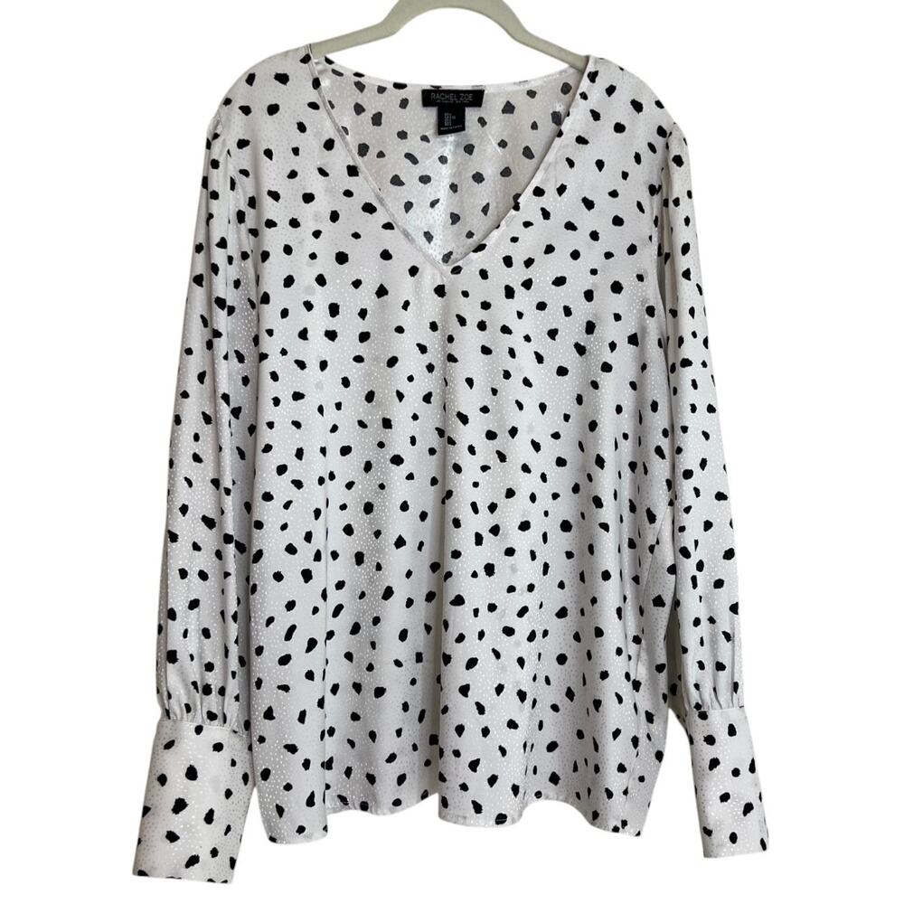 Rachel Zoe Womens Blouse L White Black Polka Dot Satin V-Neck Bishop Sleeves